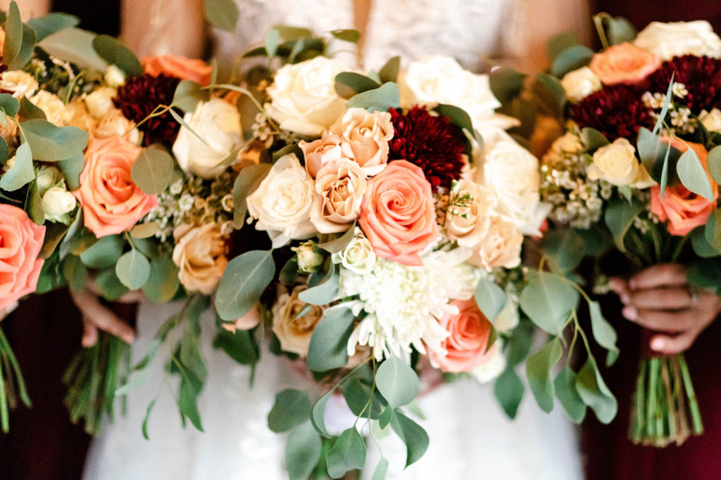 fall wedding bouquet with roses from wedding at Rocking J's Ranch